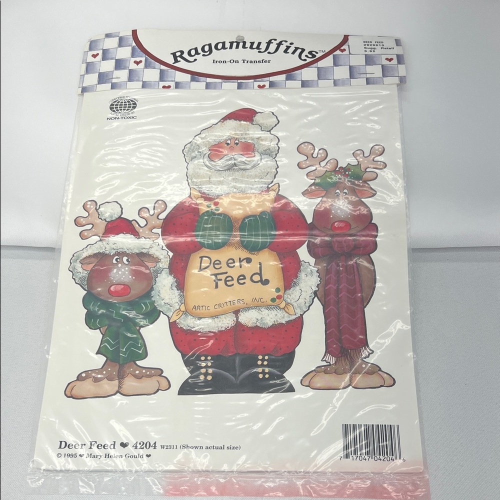 Ragamuffins Iron-On Transfer with Santa and Reindeer Vintage Christmas Craft